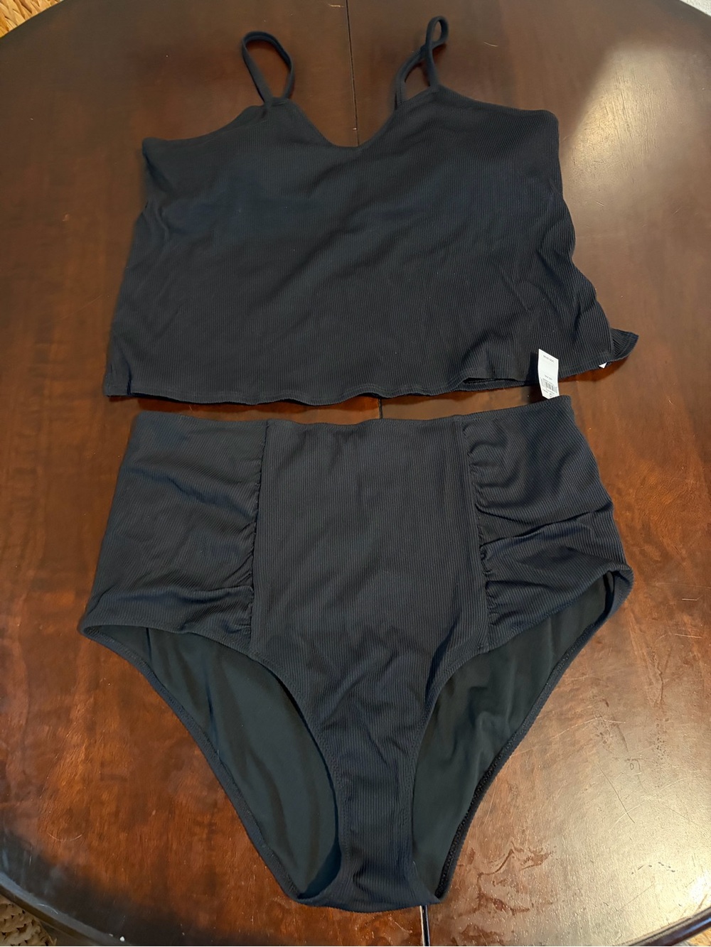 aerie Black Ribbed High-Waist Tankini Set